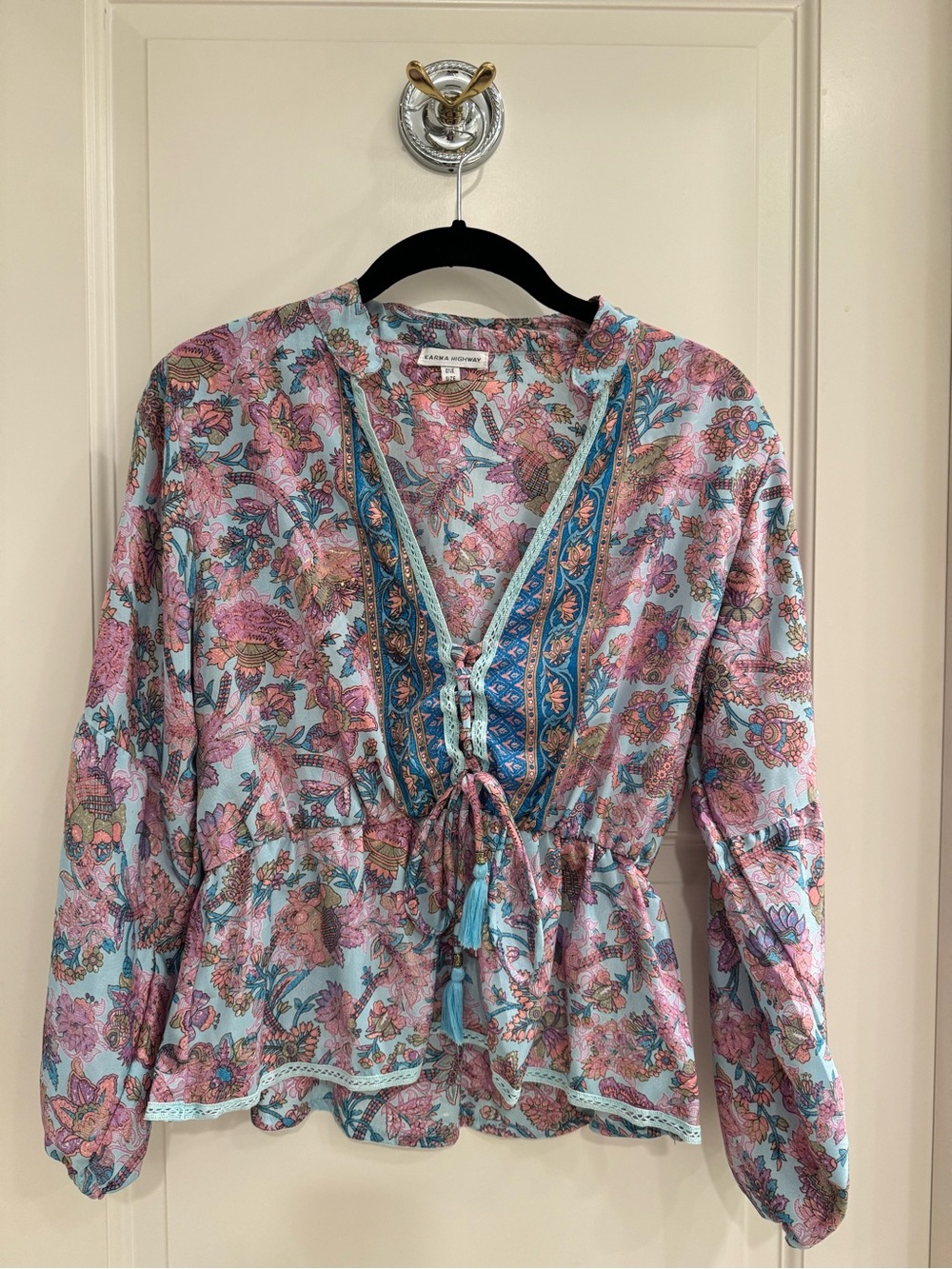 Floral Peasant Tie-Front Blouse in Light Blue and Pink